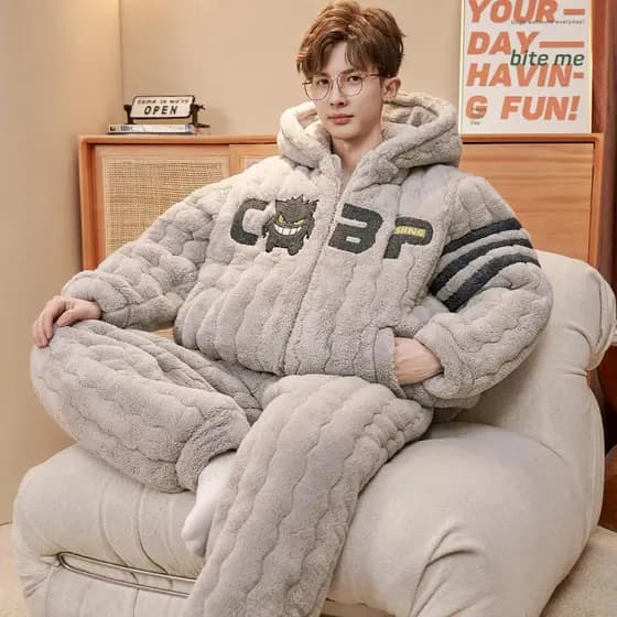 Pijamas masculinos outono inverno Coral velo três camadas acolchoado forro de lã engrossado 2025 novo estilo juventude H