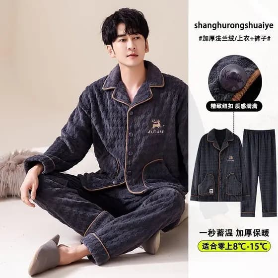 Outono inverno masculino Coral velo pode usar pijamas exteriores tamanho grande engrossado velo flanela Homewear terno n