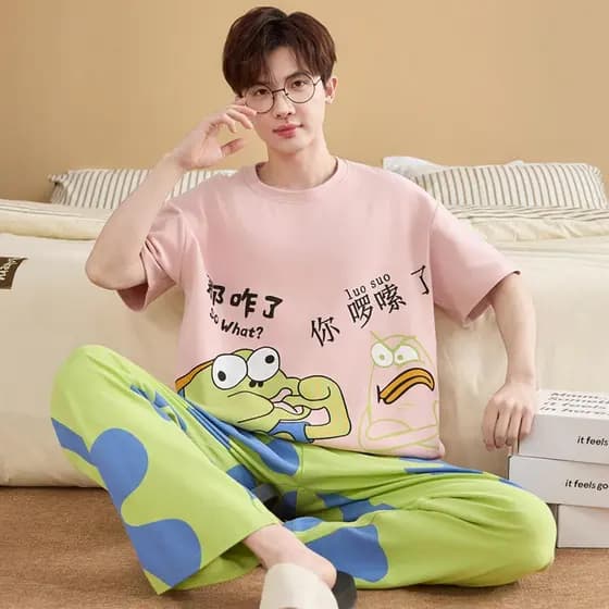 Pijamas masculinos verão calças de manga curta 2026 novo estilo jovens estudantes tamanho grande solto verão puro algodã