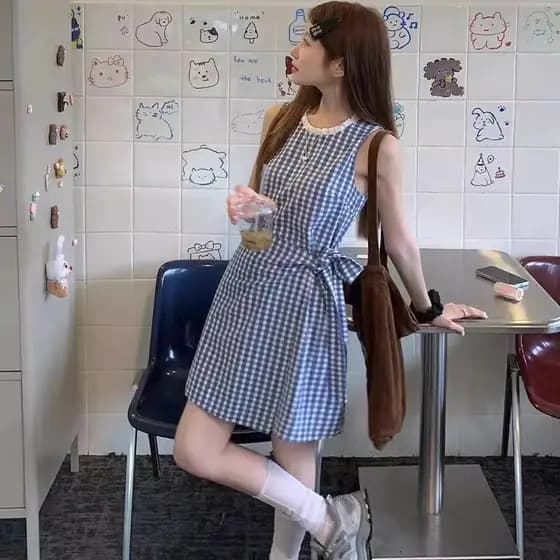 [tybwqjekc Pronto Estoque Envio Imediato] Francês Azul Branco Xadrez Lace-Up Colete Vestido Feminino Verão 2024 Novo Est