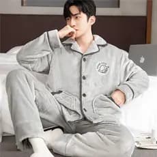 Conjunto de pijamas de inverno de flanela grossa masculina de meia-idade juventude Coral velo Loungewear mais Cardigan d