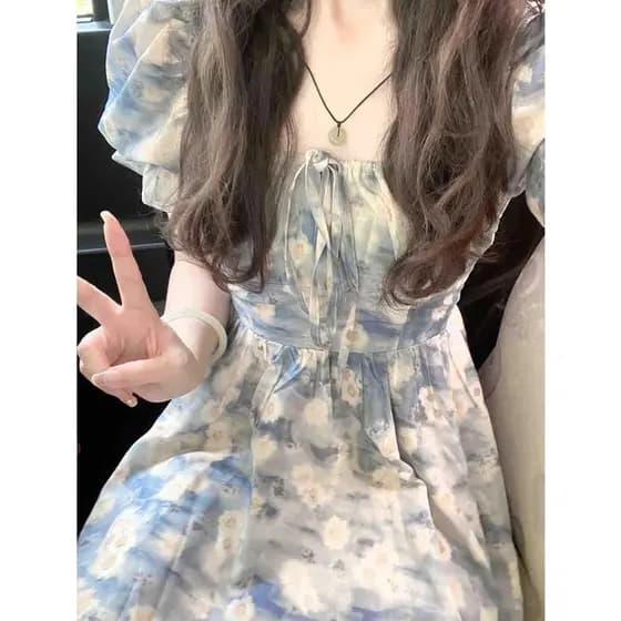 [tybwqjekc Estoque pronto Envio imediato] Tea Break Vestido Floral francês de manga curta feminino verão High-End sentim