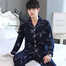 Outono puro algodão pijamas masculinos primavera outono estilo manga comprida terno algodão juventude Homewear lapela az