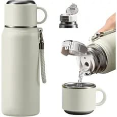 Garrafa Térmica de Aço Inoxidável com Canudo e Copo, Garrafa de Café Isolada de Dupla Camada para Bebidas Quentes e Fria