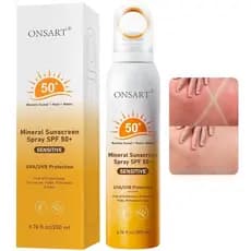 O protetor solar mineral em spray FPS50+ contém óxido de zinco, é seguro para os recifes de coral, oferece proteção de a