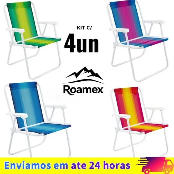 【Roamex】Kit 4 Cadeira de Praia Roamex Ferro Cores Sortidas 110kg Oferta