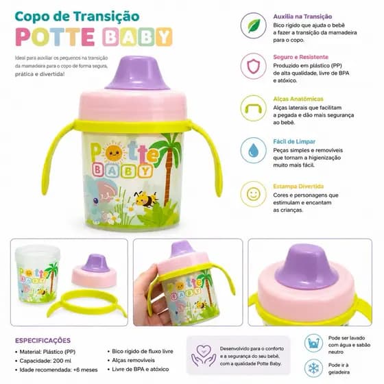 Copo de Transição Baby 200ml Com Alças Livre de BPA Pottê