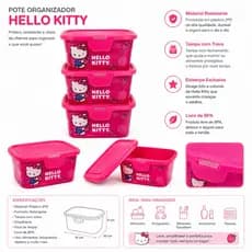 Kit 3 Potes Organizadores Hello Kitty Com Trava 14x10cm Livre de BPA Pottê