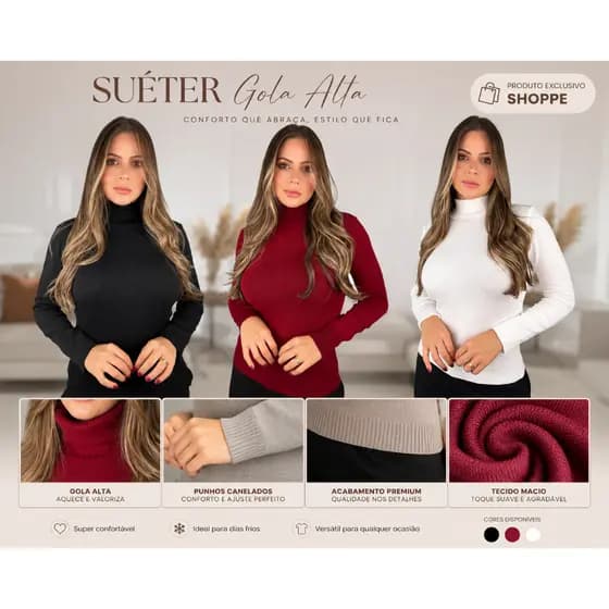 Suéter Feminino Gola Alta Canelado Manga Longa Inverno Confortável Premium