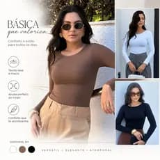 Kit 3 Blusas Femininas Manga Longa Básicas Suplex Gola Redonda Tecido Premium Confortável Casual