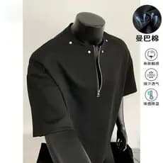Mamba algodão rebites meio zíper camiseta de manga curta masculina verão respirável americano na moda solto Hal