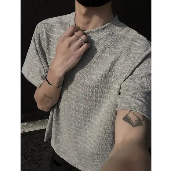 Texturizado sentimento frente ombro de manga curta camiseta masculina verão estilo americano rua Wear High-End solto Cas