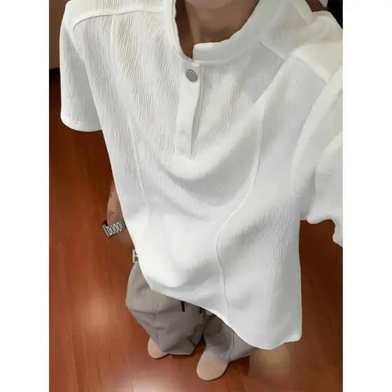 Verão leve respirável casca textura Henry colarinho camisa POLO masculina de manga curta meia manga camiseta
