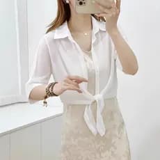 2025 verão novo estilo preto branco mais magro olhar manga de três quartos topo pequena camisa chiffon topo feminino chi