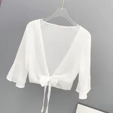 Chiffon pequeno xale feminino verão exterior Cardigan All-Match fino curto pequeno jaqueta com estilingue saia protetor