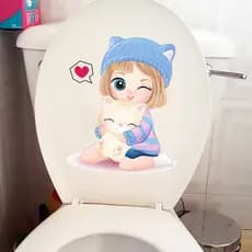 Chapéu azul menina gato criativo exclusivo capa de vaso sanitário adesivo à prova d'água decorativo moda adesivo de pare