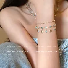 Conjunto Colar Pulseira Concha Azul Zircônia Feminino Luxo Praia Moda Elegante