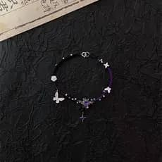 Pulseira Roxa Estilo Chinês com Borboleta e Cruz Elegante Delicada Feminina