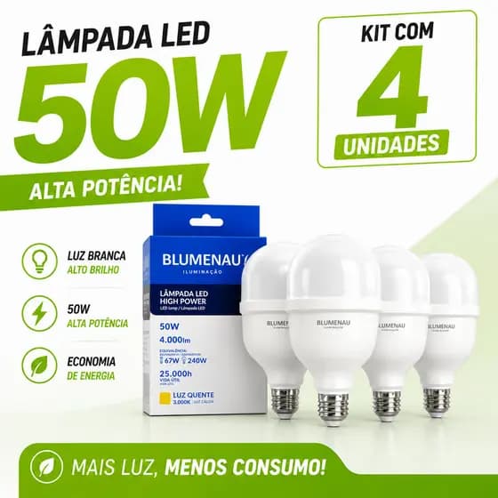 Kit 4 Lâmpadas Bivolt Alta Potencia 50w 6500K Super Bulbo Forte Luz Branca 127v/220v lâmpada led quarto lâmpada cozinha