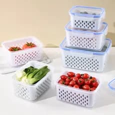Caixa de Armazenamento de Geladeira com Cesta Drenante Plástico Alimentício Conserva Frutas e Verduras
