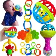 Kit 8 Brinquedos Bebe Chocalho Mordedor Silicone Macio Com Bola Colorida Para Meninas/Meninos Móbile
