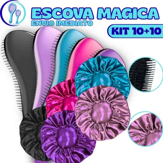 Kit 20 - Kit 10 Touca De Cetim + Kit 10 Escovas Mágicas pra cabelo - Anti Frizz - De Desembaraçar Cabelo