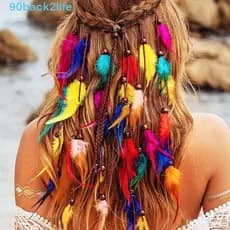 Tiara de Penas, Acessório de Cabeça Ajustável Estilo Boho com Franjas, Contas Étnicas Arco-Íris Indianas