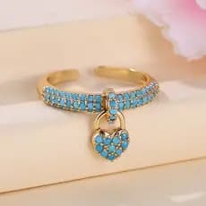 Novo anel aberto vintage em formato de coração turquesa com diamantes, elegante e versátil.