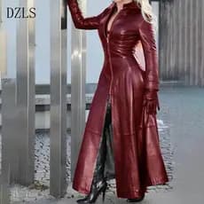 Casaco Feminino Slim Fit Longo em Couro Sintético D G3006 EVXN