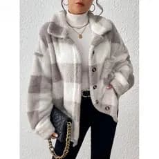 Casaco de Pelúcia Xadrez Feminino Estilo Casual Ideal para Outono e Inverno KHB1