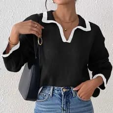 Suéter feminino em patchwork com gola de cor contrastante e design casual de polo 8L7Q