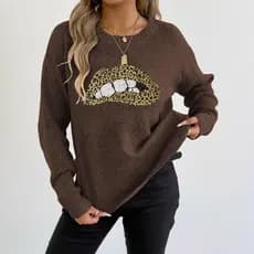 Suéter feminino de gola redonda com lantejoulas e bordado, design exclusivo, estampa de leopardo, lábios, estilo único,