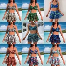 Conjunto de Biquíni Feminino de Cintura Alta com Estampa Floral Tropical, Decote Halter e Saia de Rede 4JVH S9AH TLP8
