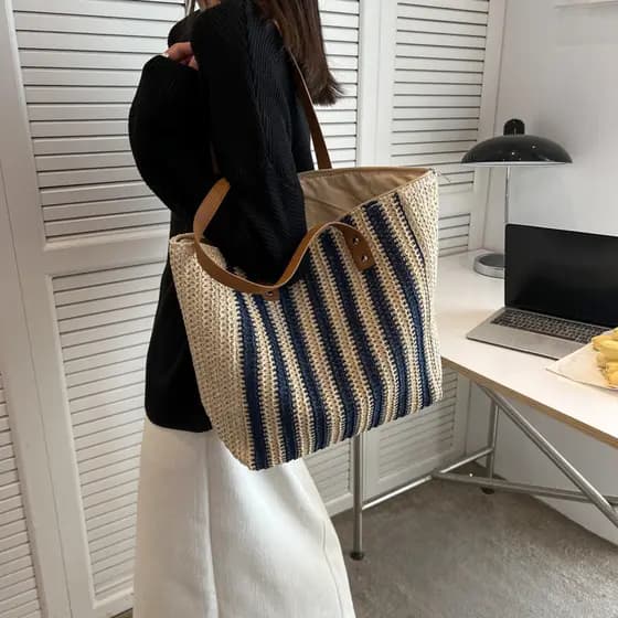 Bolsa de palha versátil, bolsa de praia tecida, bolsa de ombro moderna com blocos de cor, bolsa leve de grande capacidad