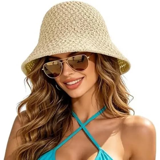 Chapéu De Sol Para Mulheres , Praia , Balde De Palha , Proteção UV De Verão , Estilo Crochê Respirável Embalável