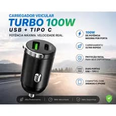 Mini Carregador Veicular Turbo 100W USB + Tipo C Carregamento Rápido. Encaixa em isqueiro
