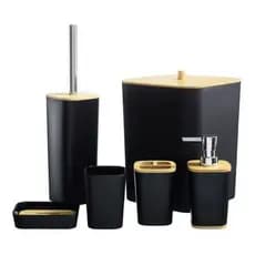 Kit Banheiro 6 Acessórios Lavabo Detalhes Bambu Lixeira Fechada Saboneteira Porta Escova De Dente