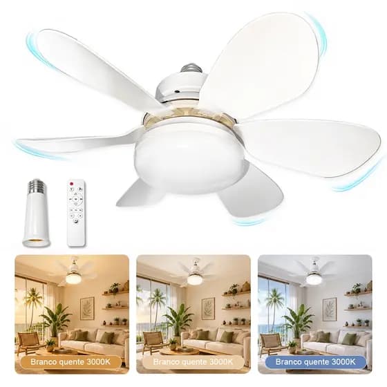 Ventilador de Teto com Luz LED E27 6 Pás Controle Remoto 3 Velocidades Timer Branco