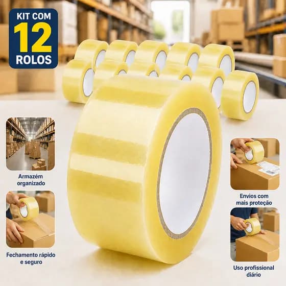 Fita Tipo transparente Kit Com 12 Rolos de 100m Para Embalar Presente Fechar Caixa Resistente