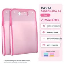 Kit 2 Pastas Organizadoras A4 Sanfonada 13 Divisórias com Fecho e Alça