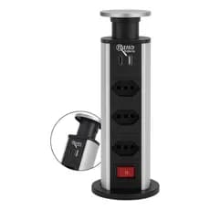 Torre 3 Tomadas Retrátil Multifuncional Multiplug Carregador Usb Tipo C Totem Mesa Bancada Cor Preto Nano Bateria