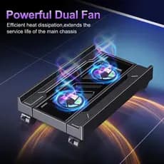 Suporte de computador ajustável com ventoinha de resfriamento e luz, adequado para uso no chão e equipado com rodízios.