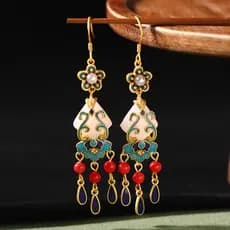 Estilo chinês método antigo esmalte dourado pintado imitação Hetian Jade brincos Retro borla brincos