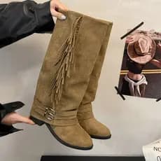 Retro borla botas altas 2025 outono novo estilo botas femininas salto grosso moda botas manga cavaleiro botas femininas
