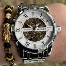 relogio masculino [Branco elegante] Esqueleto dupla face relógio mecânico totalmente automático masculino moda jovem pul