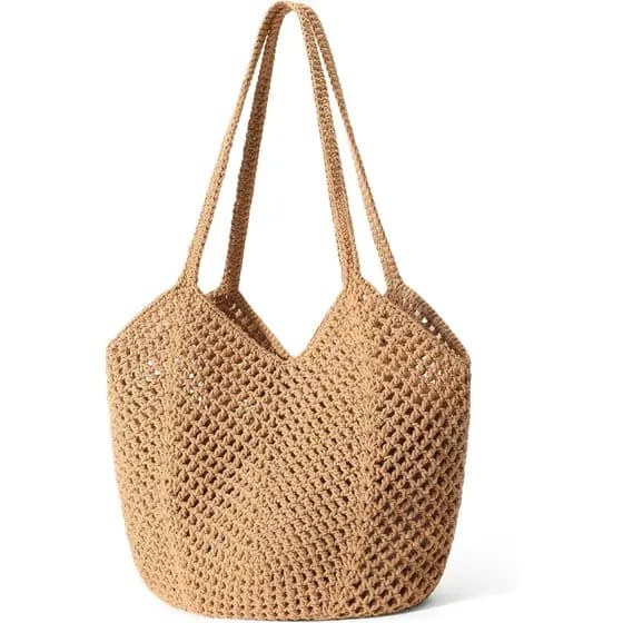 Bolsa de Praia Feminina Tavaleu em Crochê, Bolsa de Praia em Rede, Bolsa de Tricô, Bolsa de Ombro Estilo Vintage Boêmio