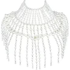 Xale de pérolas, joia de corpo em camadas para o ombro, com colar gargantilha de pérolas.