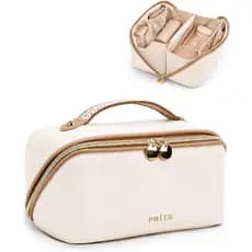 Bolsa de Maquiagem Feminina Prite em Couro PU, Necessaire Impermeável para Viagem com Compartimento Transparente e Alça