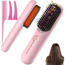 Escova alisadora de cabelo sem fio, escova alisadora iônica portátil anti-frizz, escova recarregável para retoques em qu
