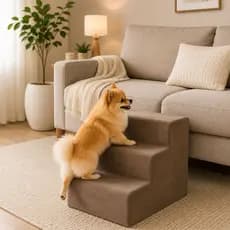 Escada Escadinha Pet 3 Degraus para Cães e Gatos Tecido e Madeira Premium Espuma Macia D26 Cor Cappuccino
